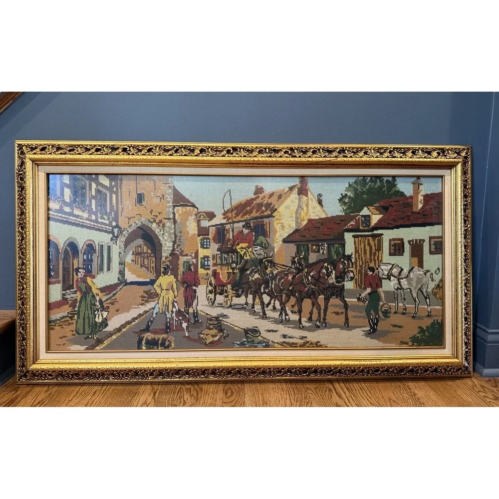 Vintage Huge Victorian Scenery Needlepoint Wall Art Tapestry Framed 26.5